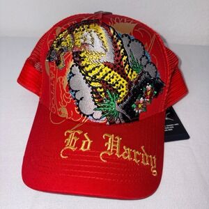 Ed Hardy Red Trucker Hat Tiger Tattoo Design Rhinestone Mesh Back One Size